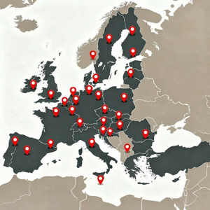 Karta ta' Europa b'markaturi ħomor li juru postijiet magħżula f'ħafna pajjiżi Ewropej.