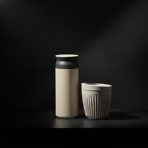Kinto Travel Tumbler beige och Huskee kopp grå